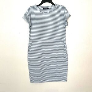 MEROKEETY Blue White Striped Short Sleeve Casual Dress Pocket Rayon Poly Sz M